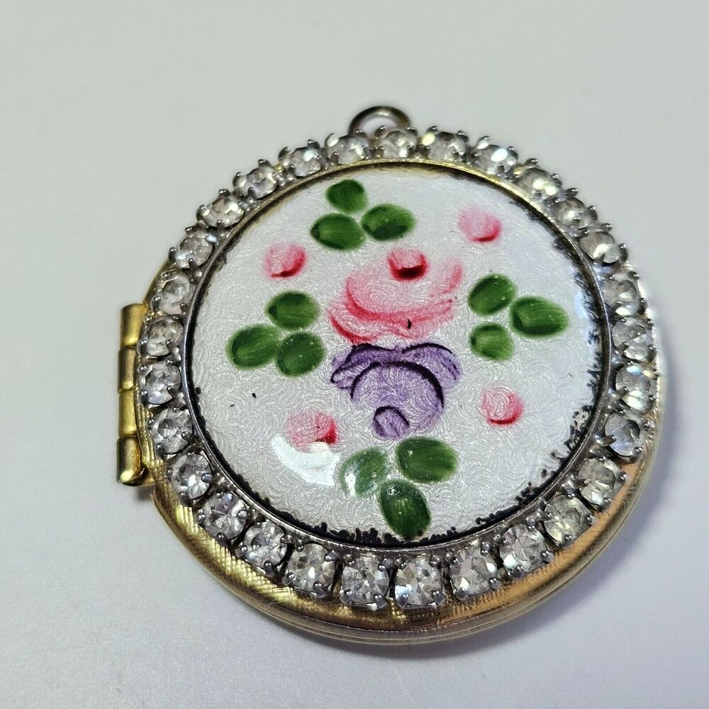 Gold tone guilloche locket charm pendant